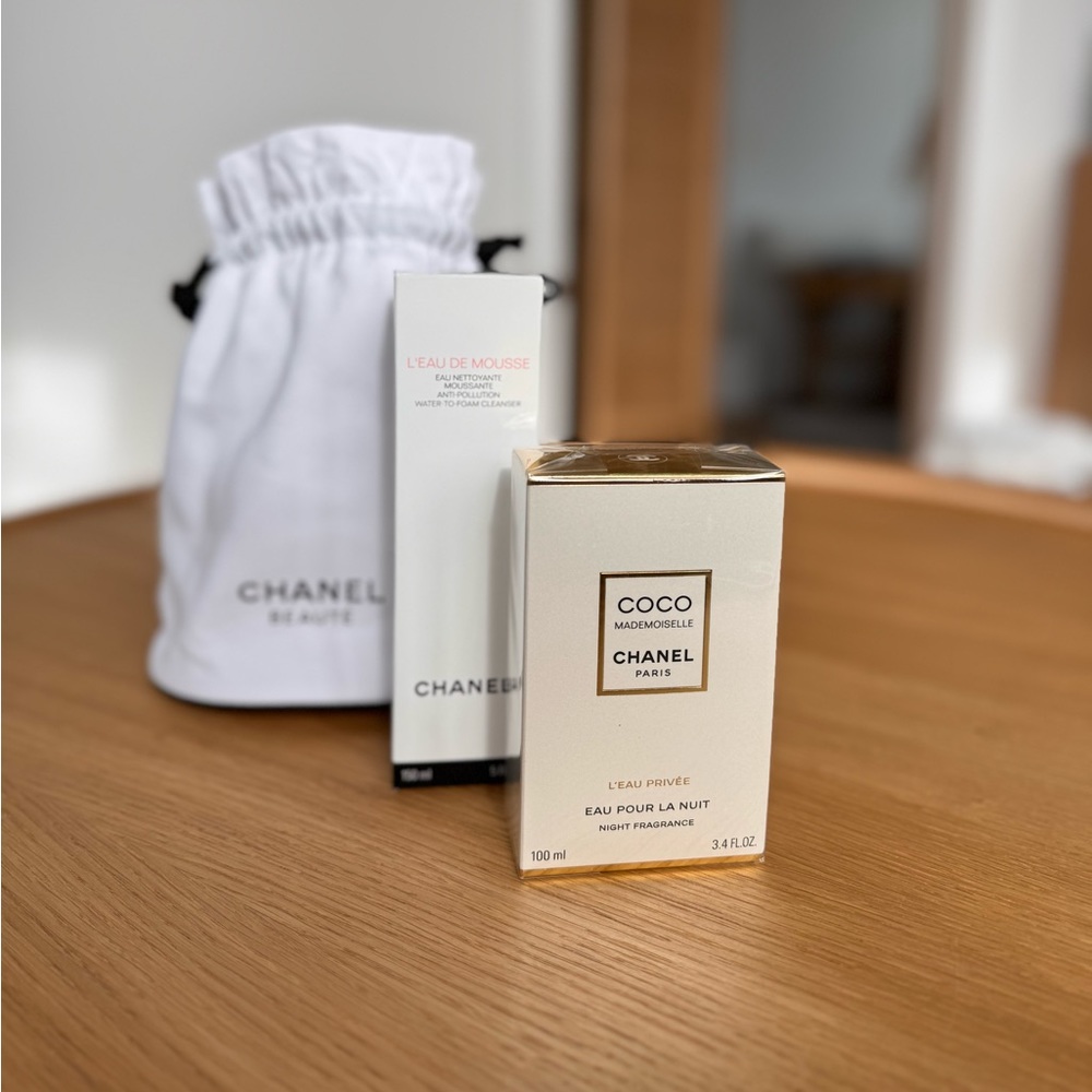 Chanel Mademoiselle, water to foam cleanser, & bag.